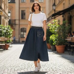 80's Sasson Women's Denim Skirt Pockets Gold Buckle Midi Elastic Waist ‎ Size 4